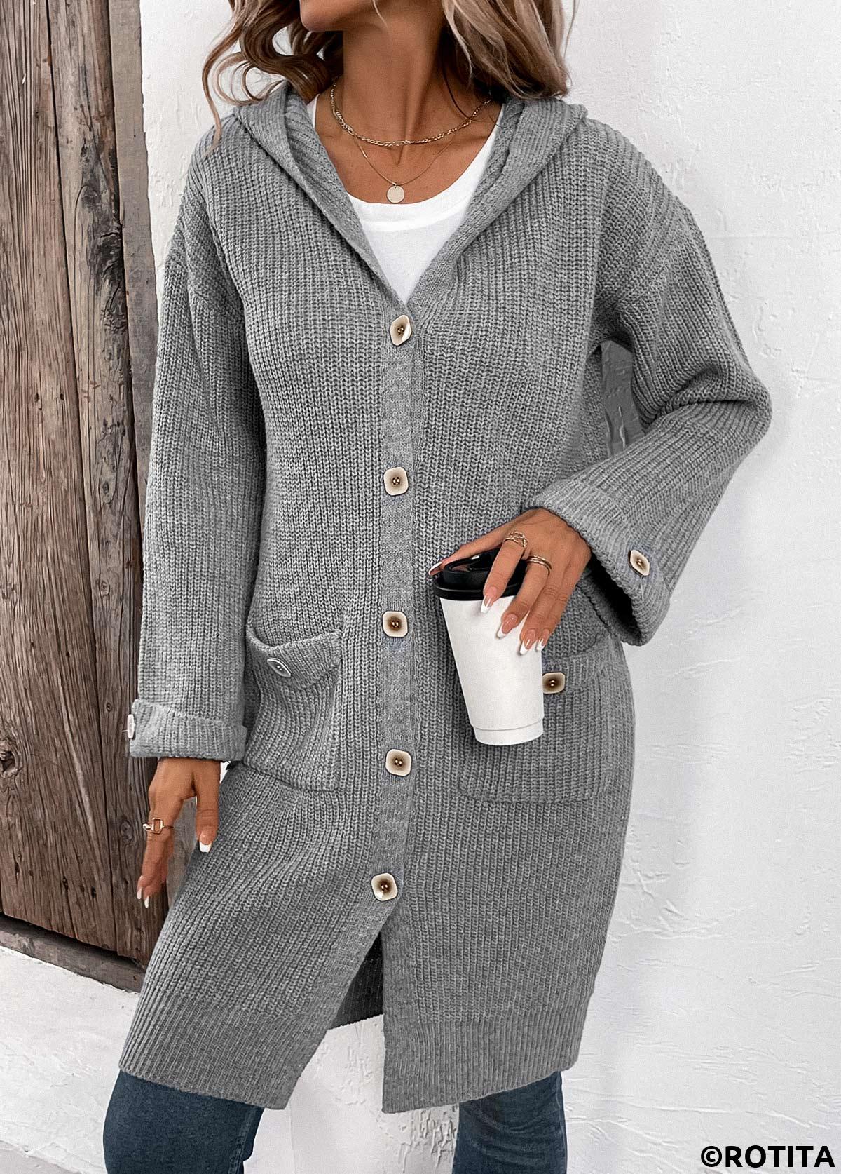 Grey tops,Plain Color tops,Button Grey V Neck Long Sleeve Cardigan