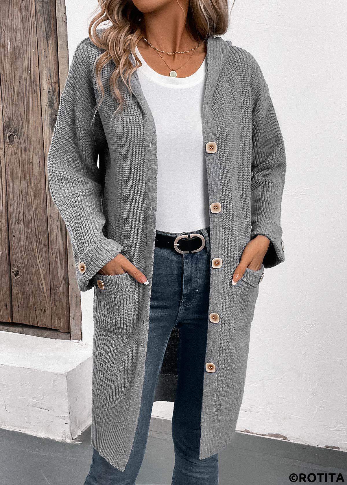 Grey tops,Plain Color tops,Button Grey V Neck Long Sleeve Cardigan