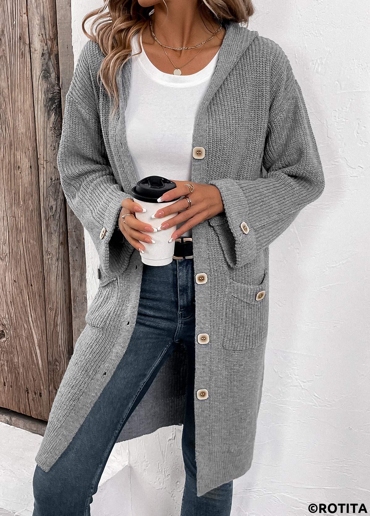 Grey tops,Plain Color tops,Button Grey V Neck Long Sleeve Cardigan