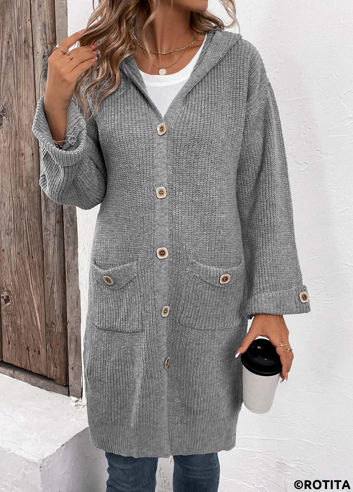 Grey tops,Plain Color tops,Button Grey V Neck Long Sleeve Cardigan