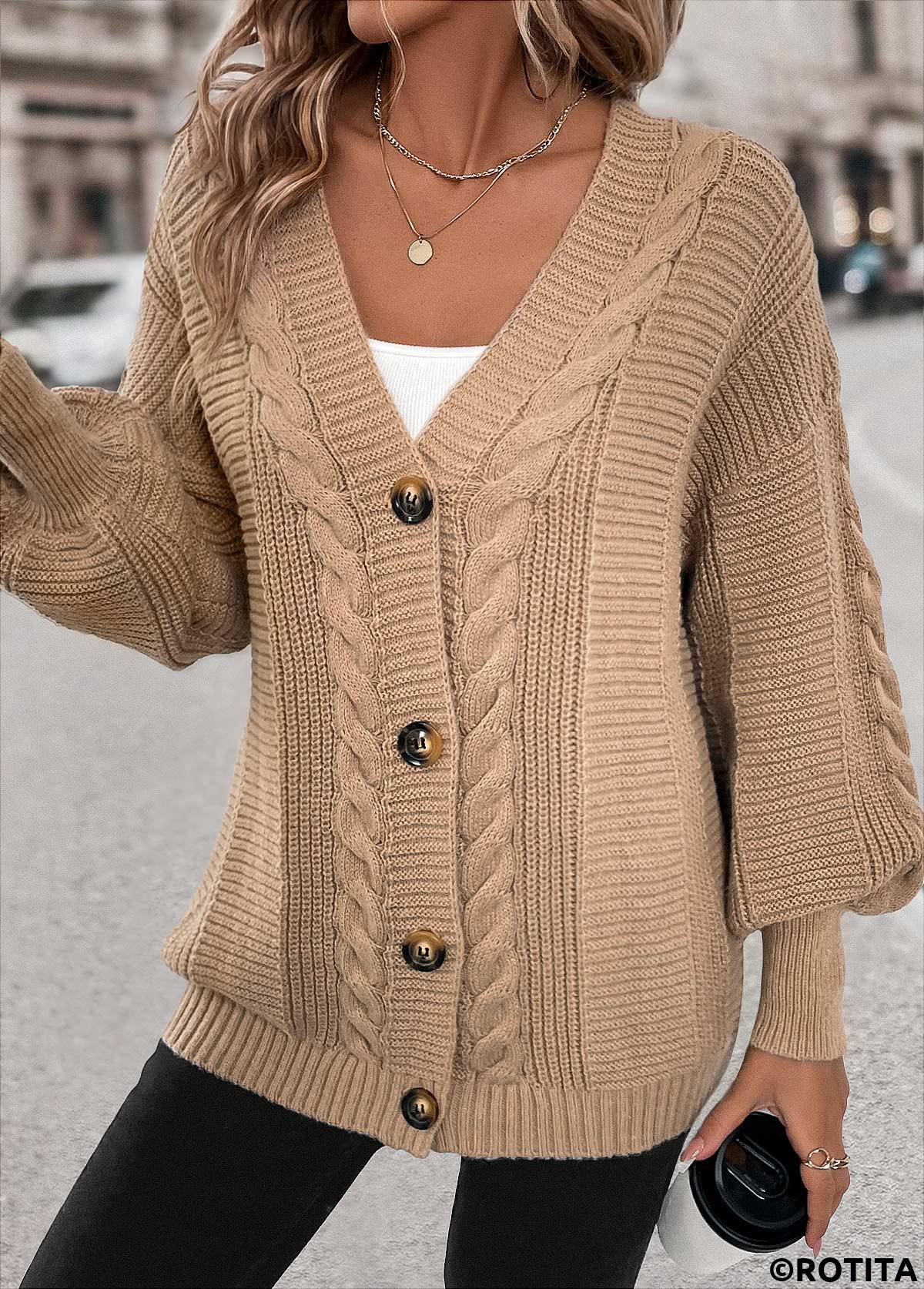 Light Camel tops,Plain Color tops,Button Light Camel V Neck Long Sleeve Cardigan