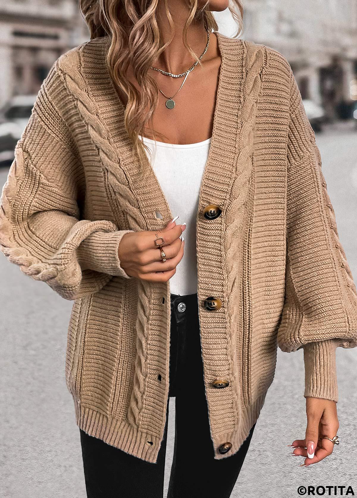 Light Camel tops,Plain Color tops,Button Light Camel V Neck Long Sleeve Cardigan