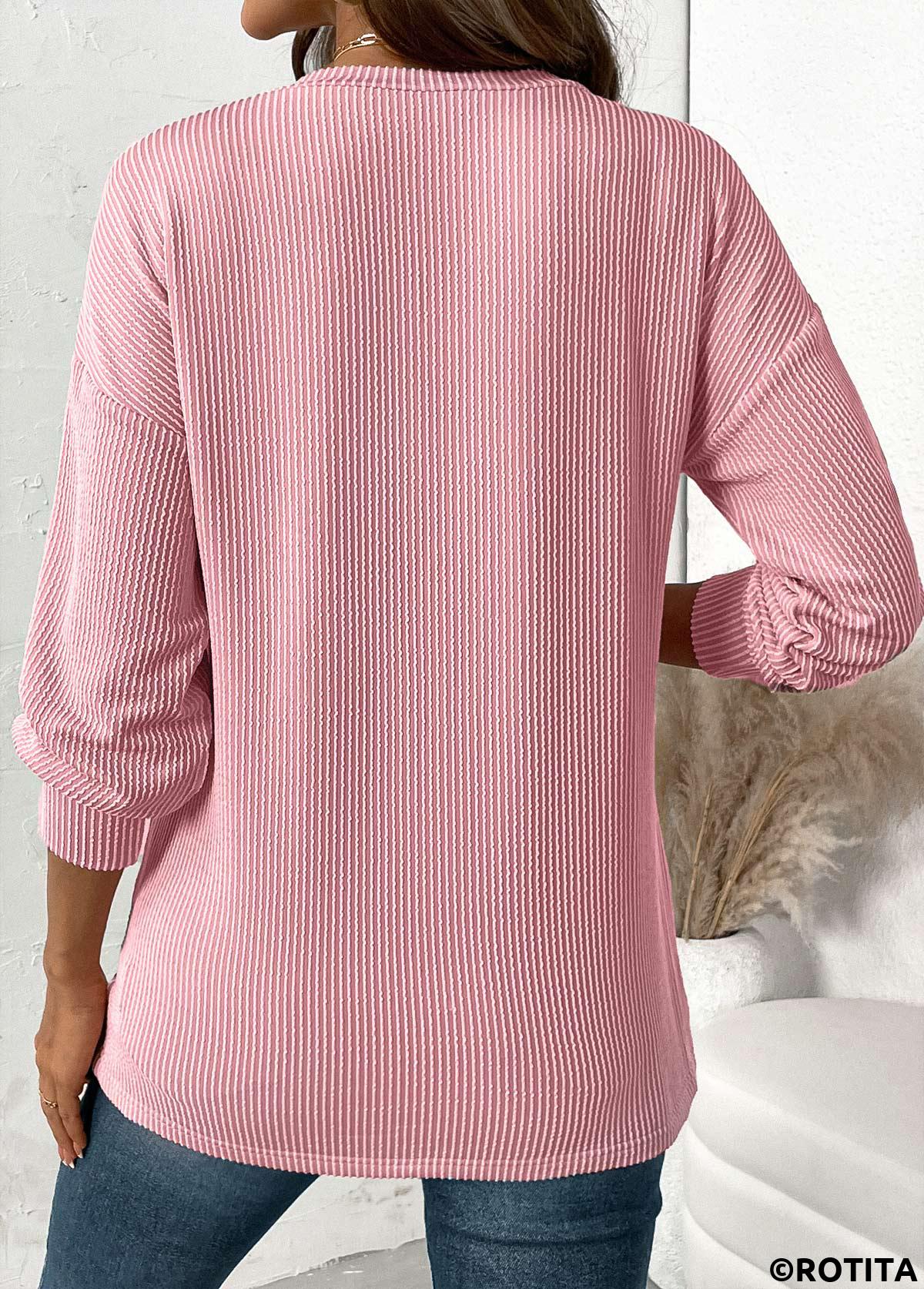 Rotita Jacquard – Hellrosa T-Shirt mit V-Ausschnitt und langen Ärmeln