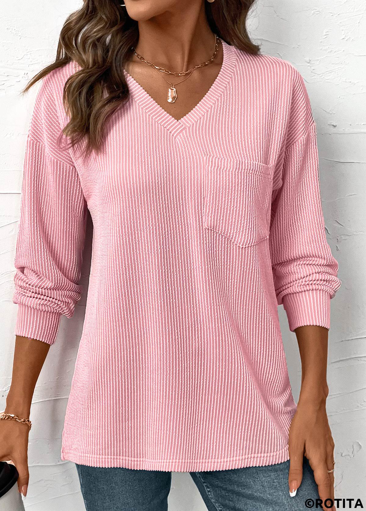 Rotita Jacquard – Hellrosa T-Shirt mit V-Ausschnitt und langen Ärmeln