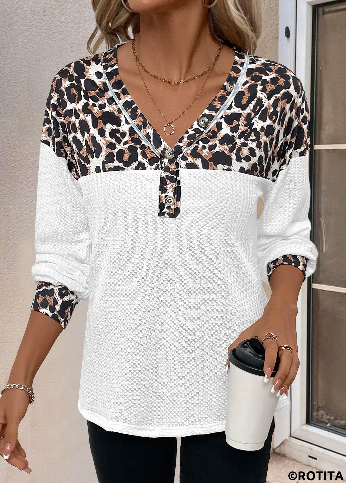 White tops,Leopard tops,ROTITA Patchwork Leopard White V Neck Long Sleeve T Shirt