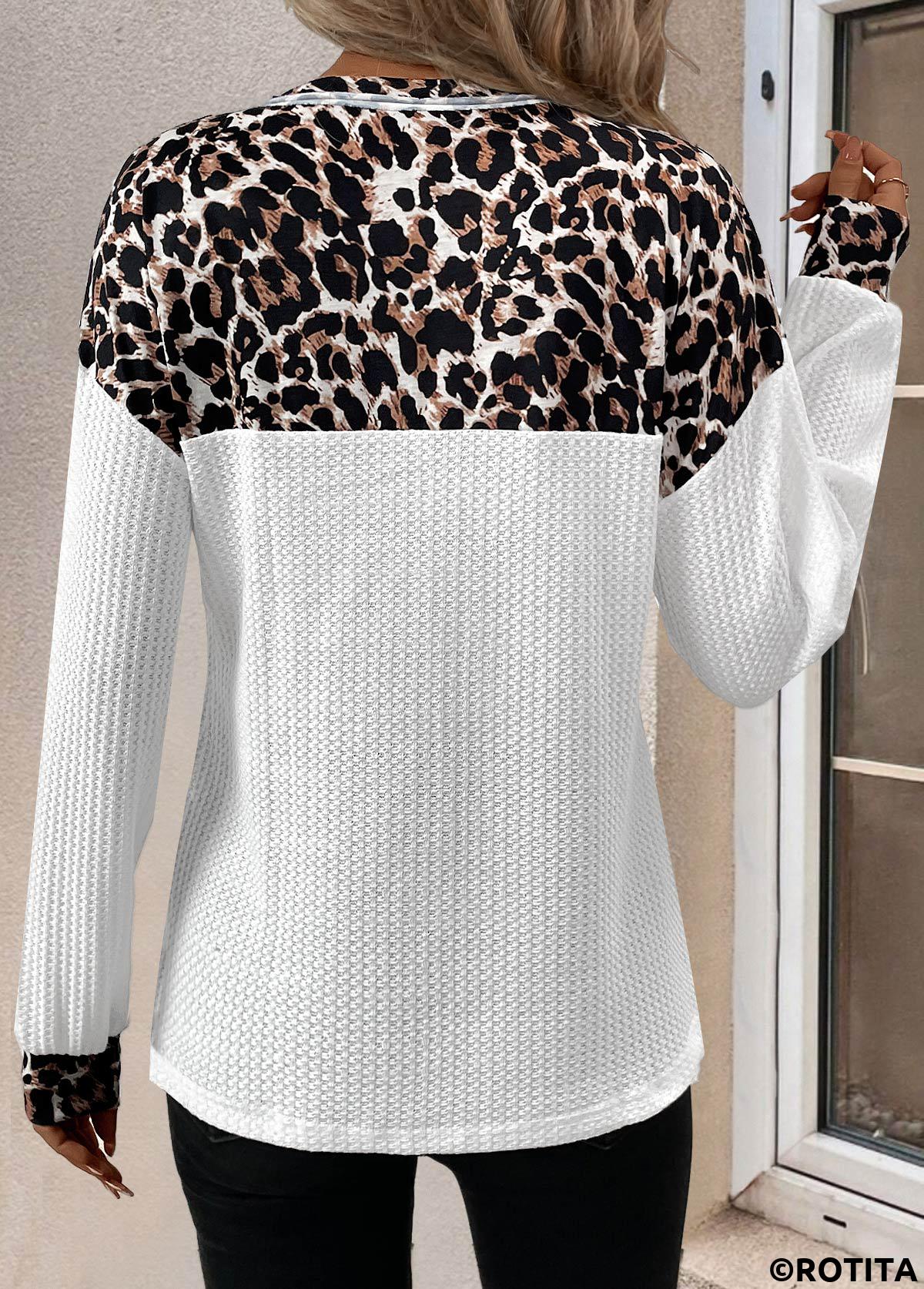 White tops,Leopard tops,ROTITA Patchwork Leopard White V Neck Long Sleeve T Shirt