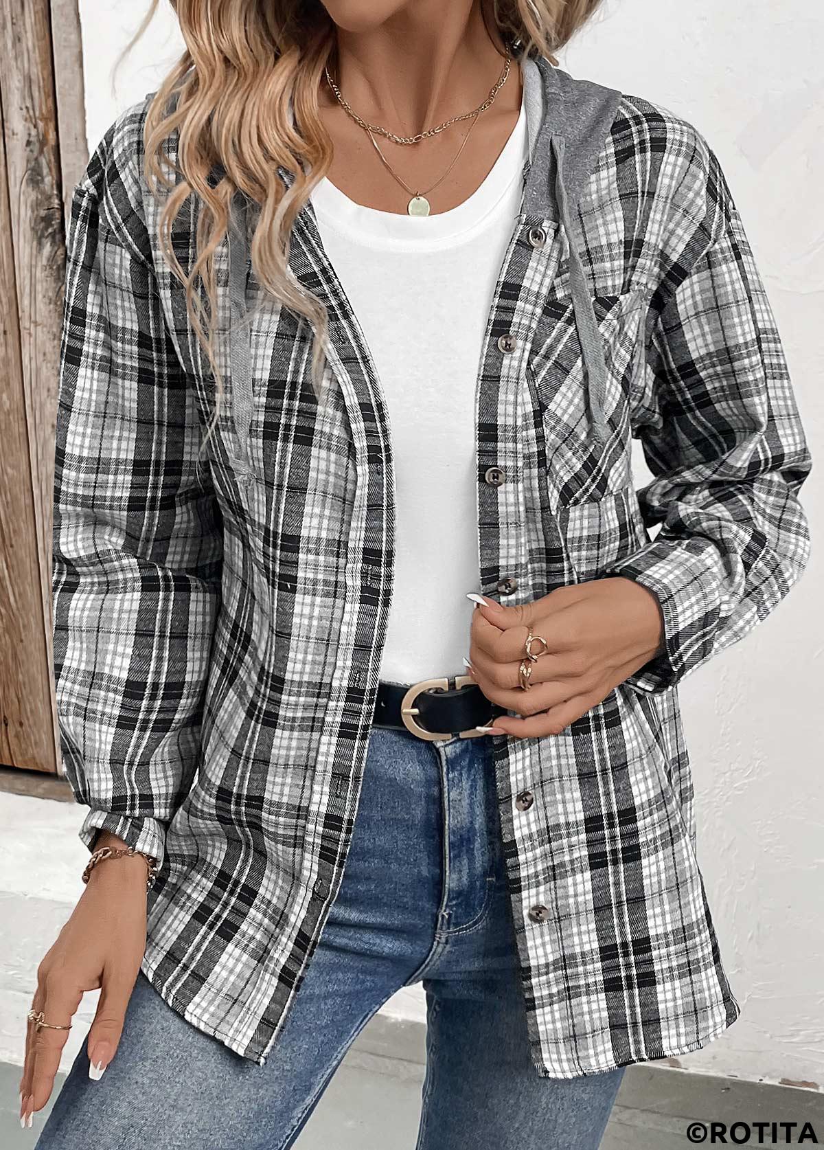 ROTITA Button Plaid Black Long Sleeve Hoodie