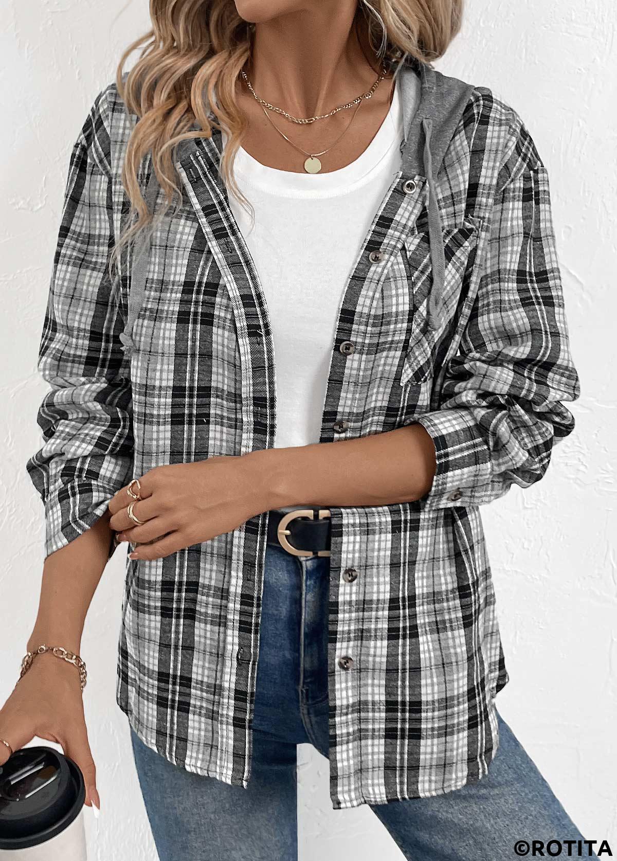 ROTITA Button Plaid Black Long Sleeve Hoodie