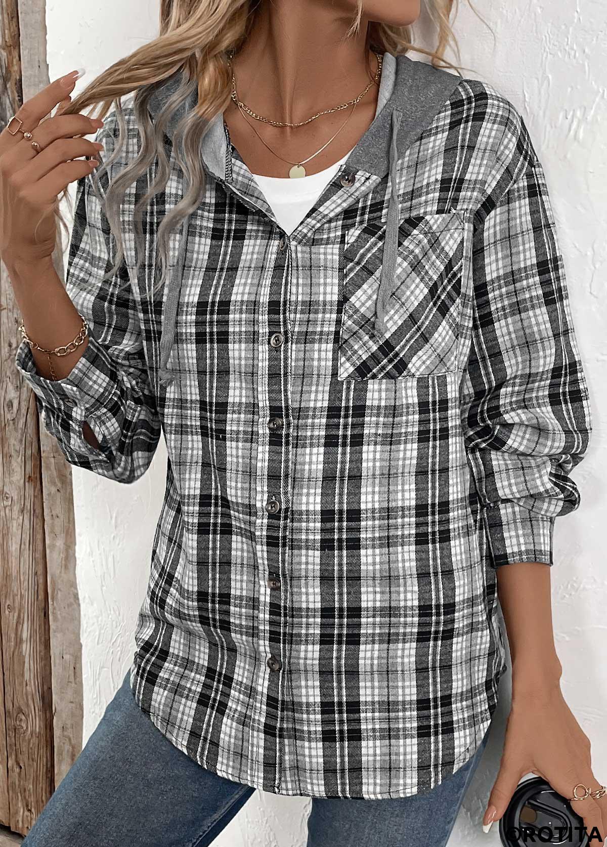 ROTITA Button Plaid Black Long Sleeve Hoodie