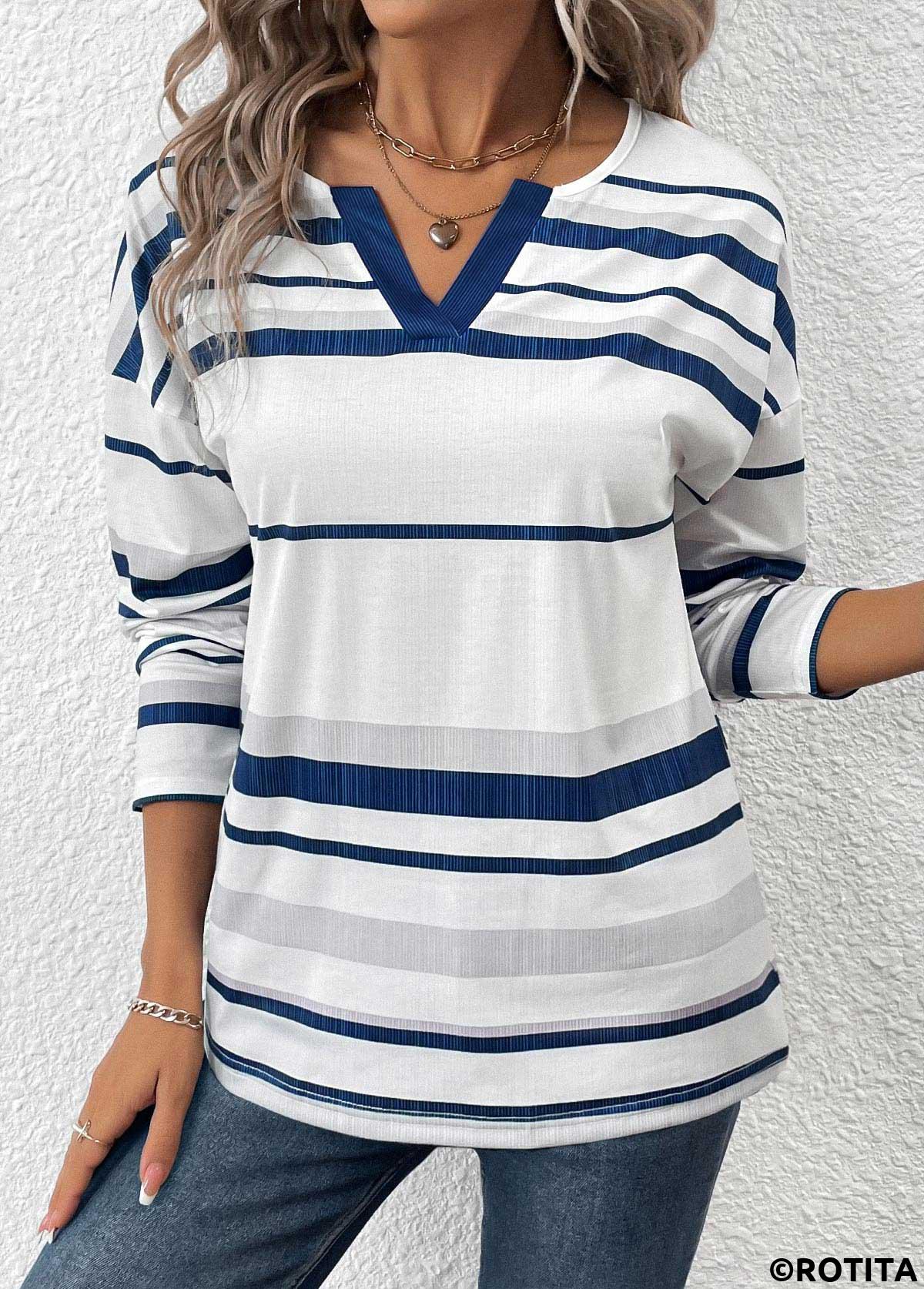 White tops,Striped tops,Geometric tops,ROTITA Patchwork Striped White Split Neck Long Sleeve T Shirt