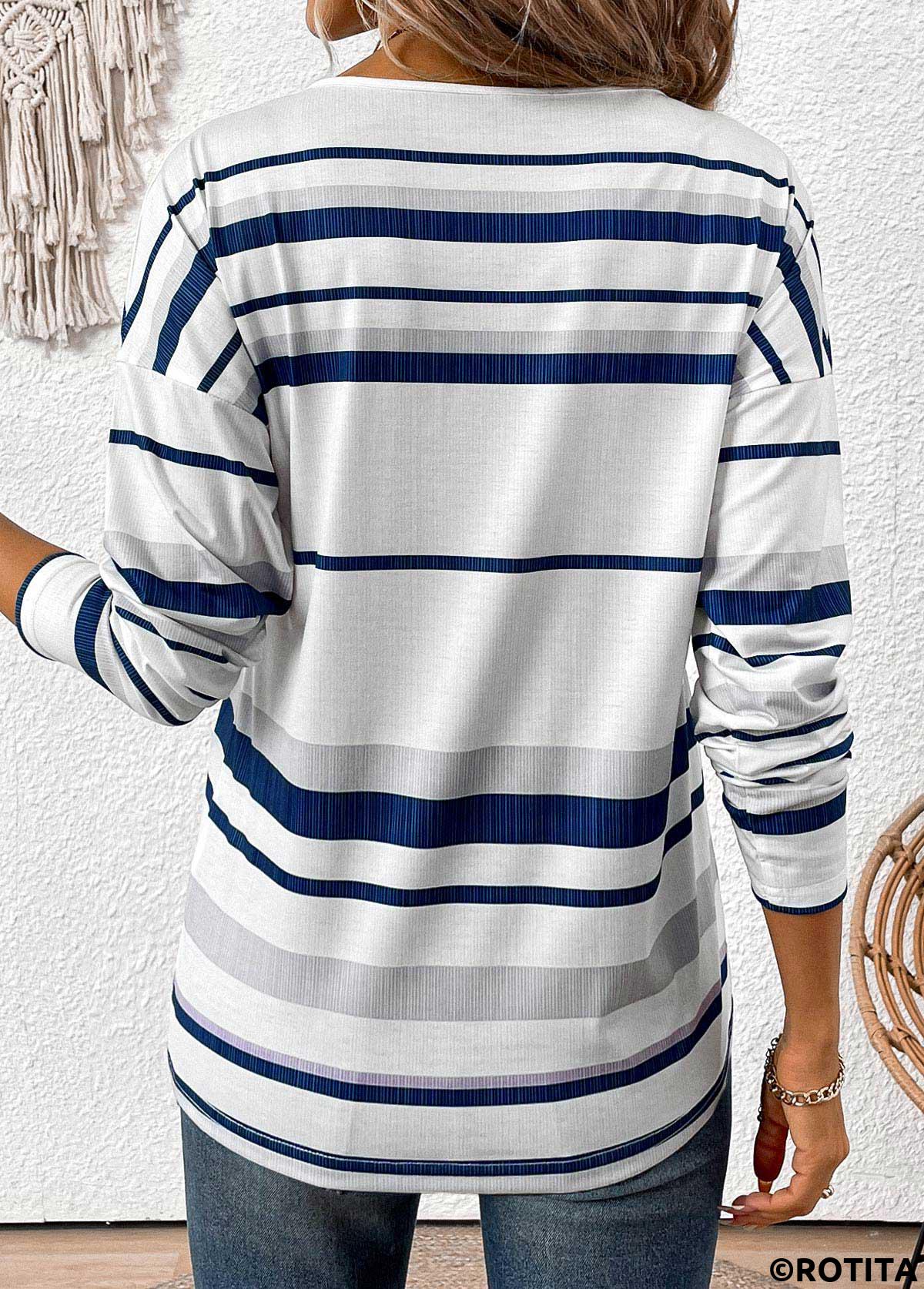 White tops,Striped tops,Geometric tops,ROTITA Patchwork Striped White Split Neck Long Sleeve T Shirt