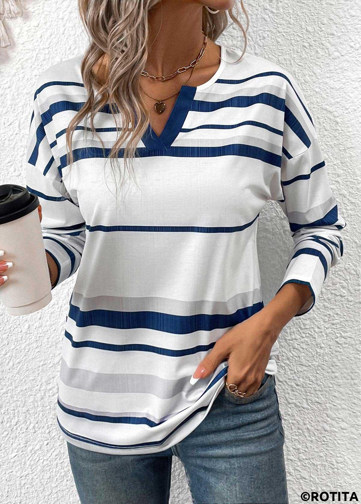 White tops,Striped tops,Geometric tops,ROTITA Patchwork Striped White Split Neck Long Sleeve T Shirt