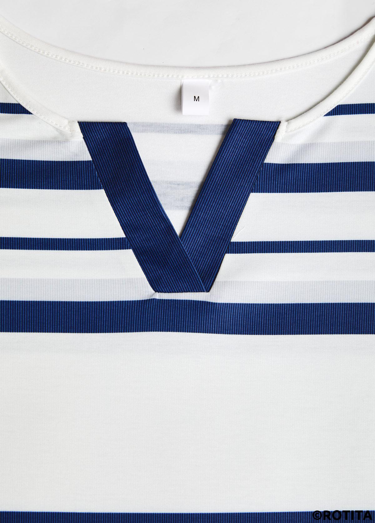 White tops,Striped tops,Geometric tops,ROTITA Patchwork Striped White Split Neck Long Sleeve T Shirt