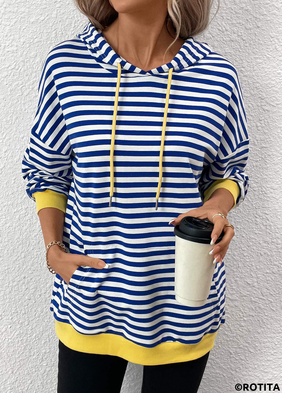 Blue tops,Striped tops,Geometric tops,ROTITA Patchwork Striped Blue Long Sleeve Hoodie