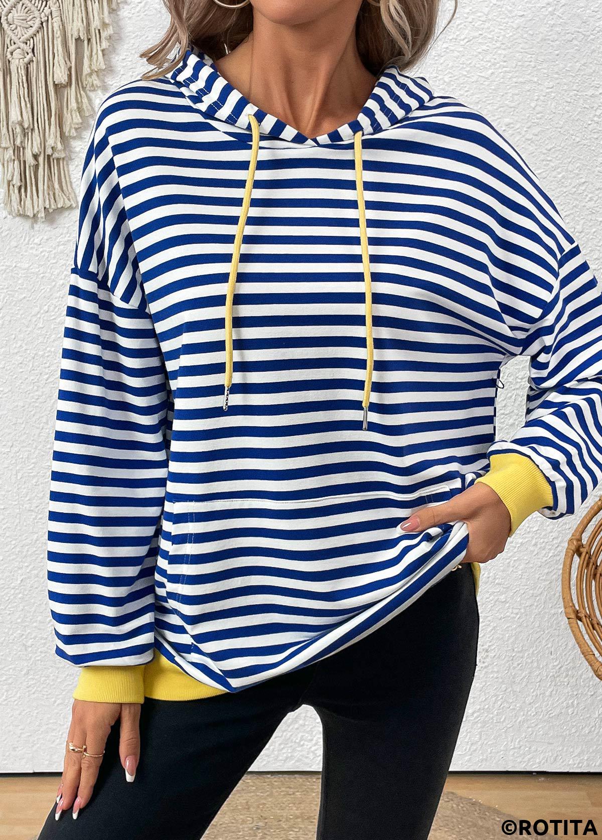 Blue tops,Striped tops,Geometric tops,ROTITA Patchwork Striped Blue Long Sleeve Hoodie