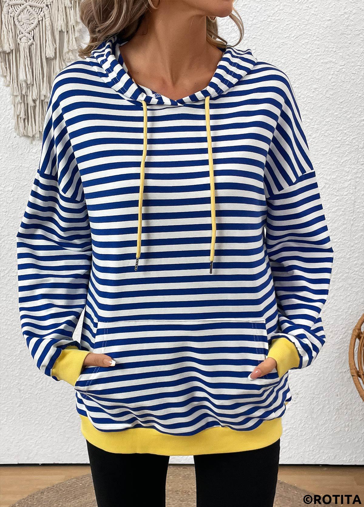 Blue tops,Striped tops,Geometric tops,ROTITA Patchwork Striped Blue Long Sleeve Hoodie