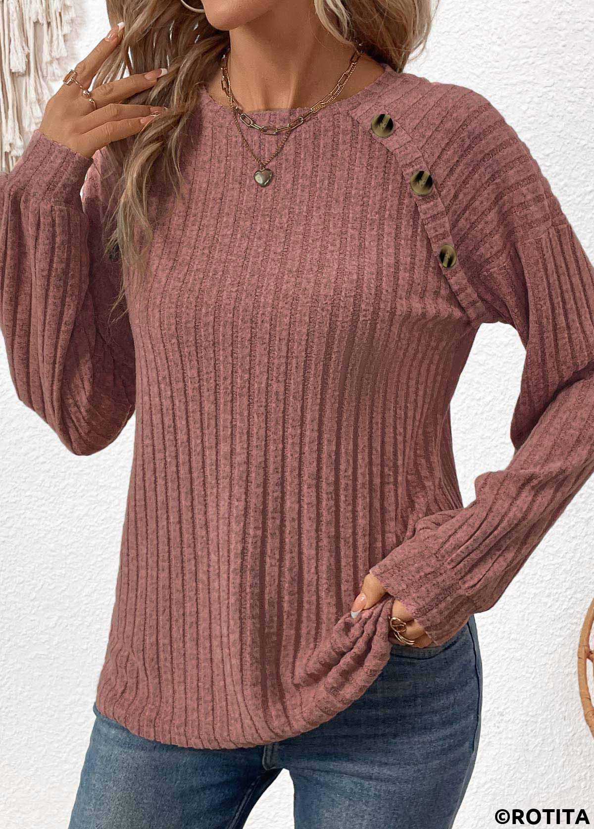 ROTITA Patchwork Dark Reddish Purple Round Neck T Shirt