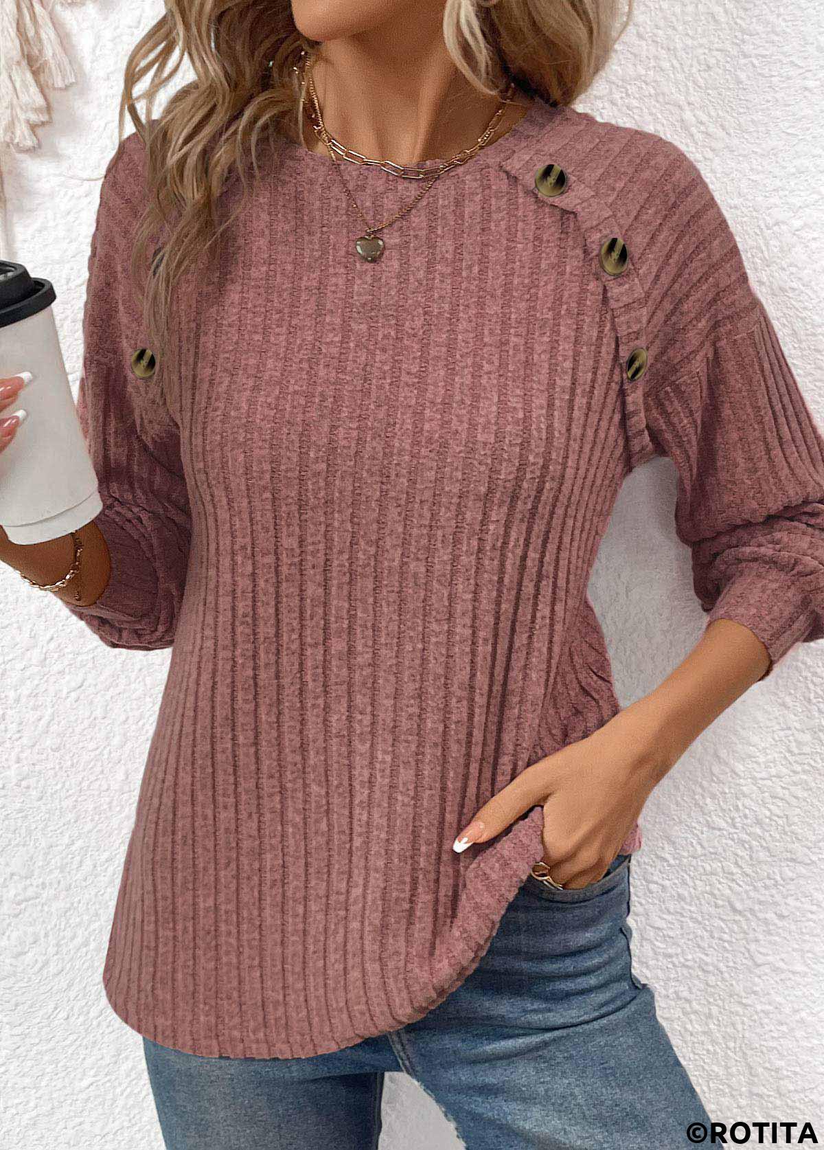ROTITA Patchwork Dark Reddish Purple Round Neck T Shirt