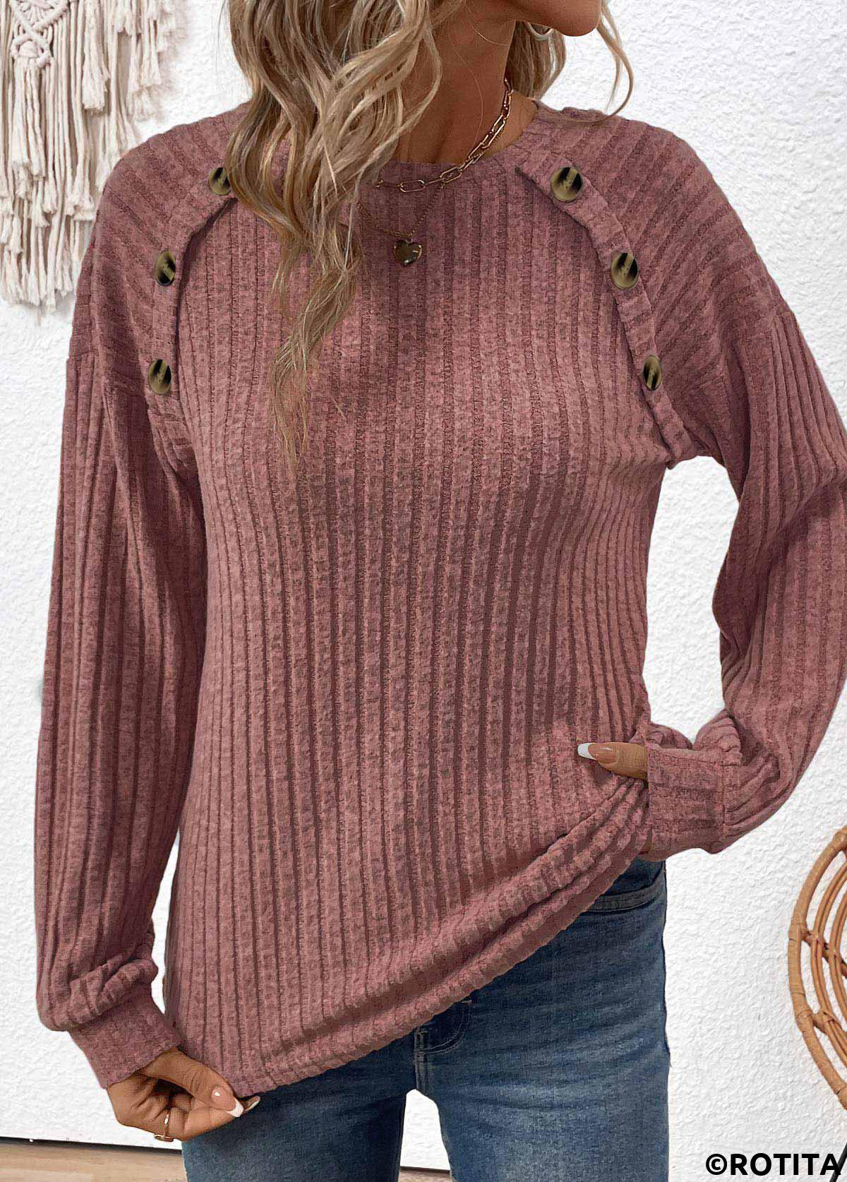 ROTITA Patchwork Dark Reddish Purple Round Neck T Shirt