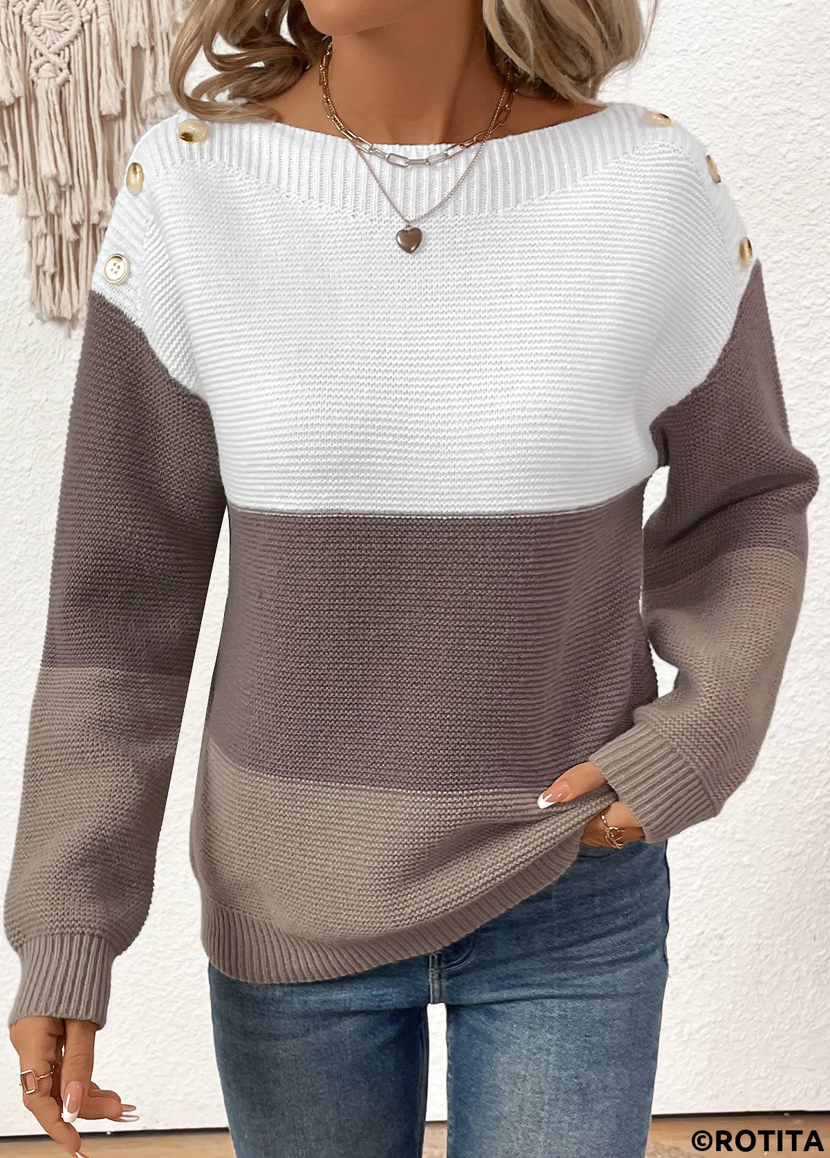Dark Coffee tops,Contrast Color tops,Patchwork Dark Coffee Round Neck Long Sleeve Sweater