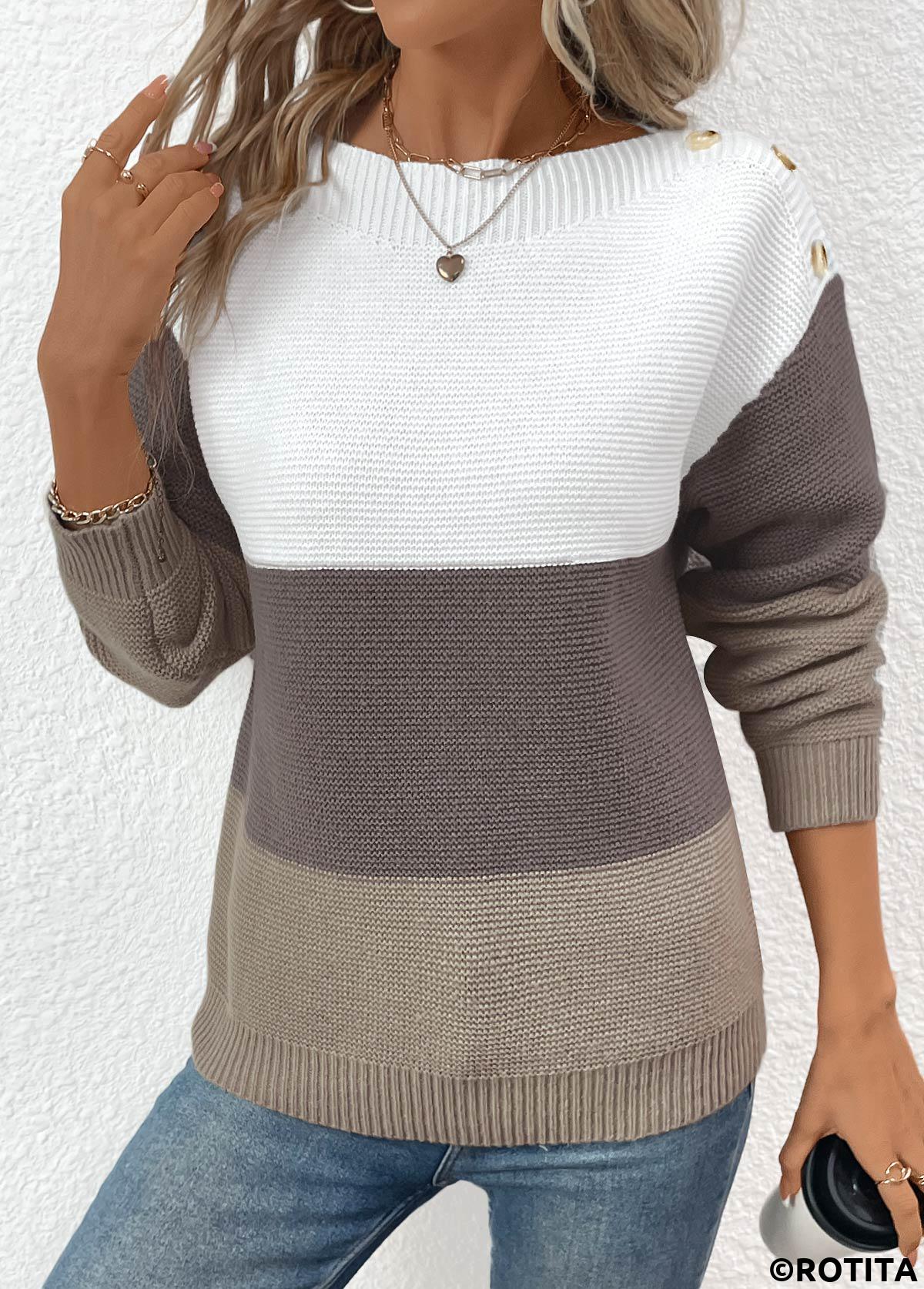 Dark Coffee tops,Contrast Color tops,Patchwork Dark Coffee Round Neck Long Sleeve Sweater