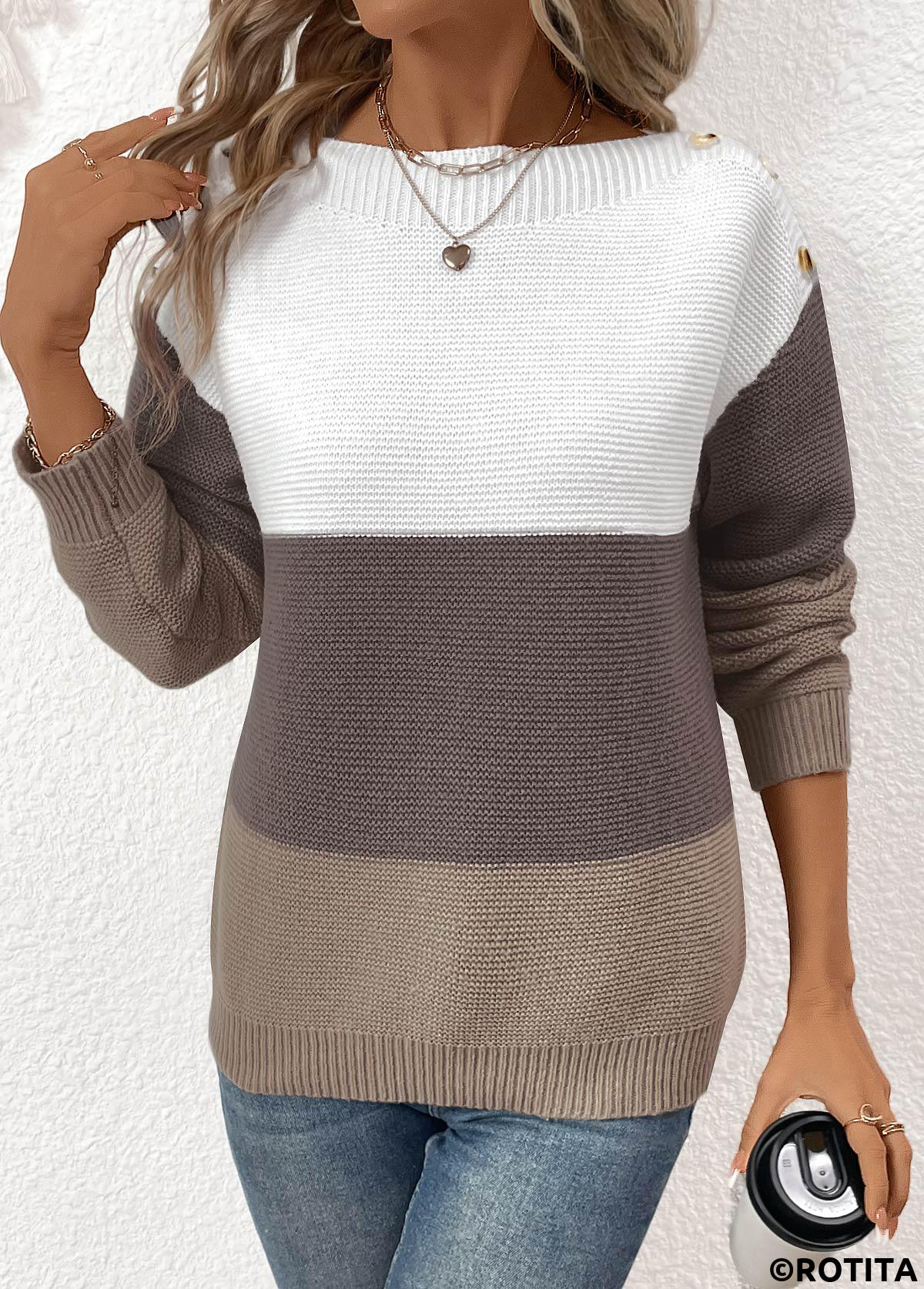 Dark Coffee tops,Contrast Color tops,Patchwork Dark Coffee Round Neck Long Sleeve Sweater