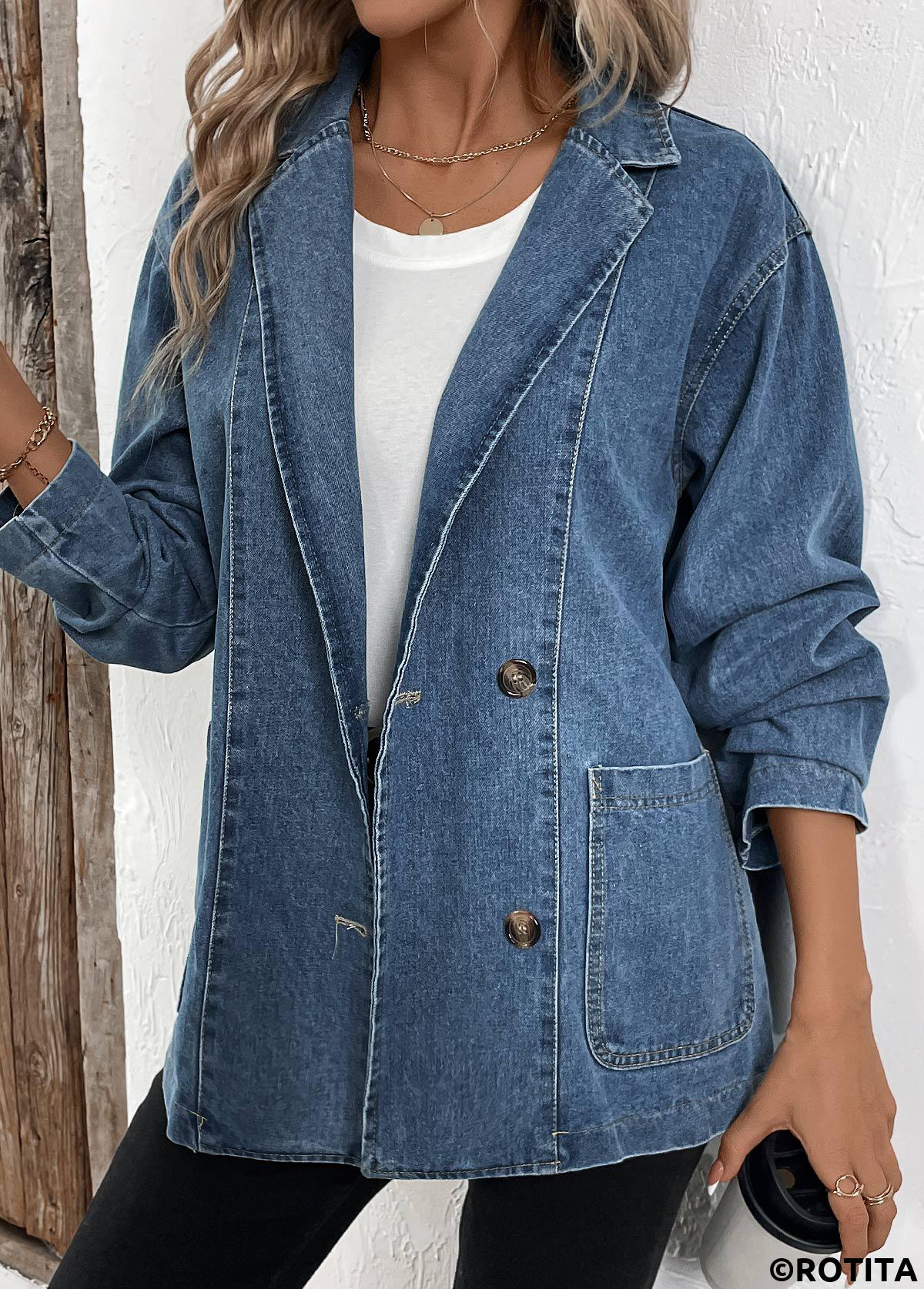 Denim Blue tops,Denim-Effect Print tops,Patchwork Denim Blue Lapel Long Sleeve Coat