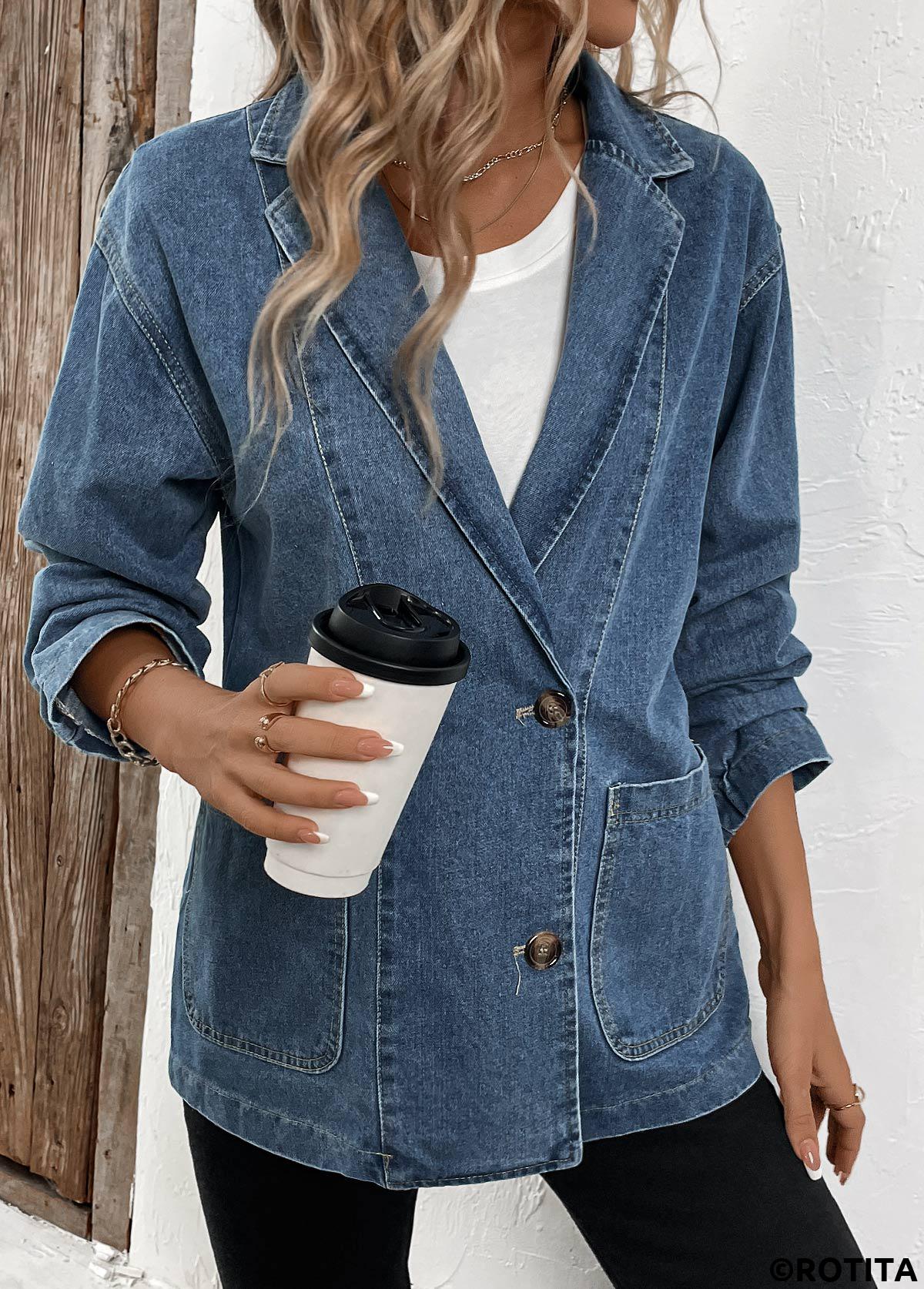 Denim Blue tops,Denim-Effect Print tops,Patchwork Denim Blue Lapel Long Sleeve Coat