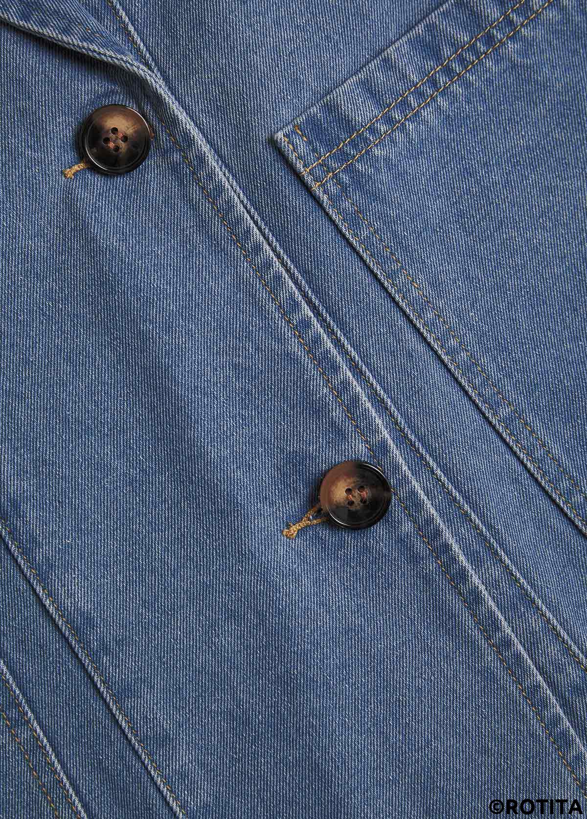 Denim Blue tops,Denim-Effect Print tops,Patchwork Denim Blue Lapel Long Sleeve Coat