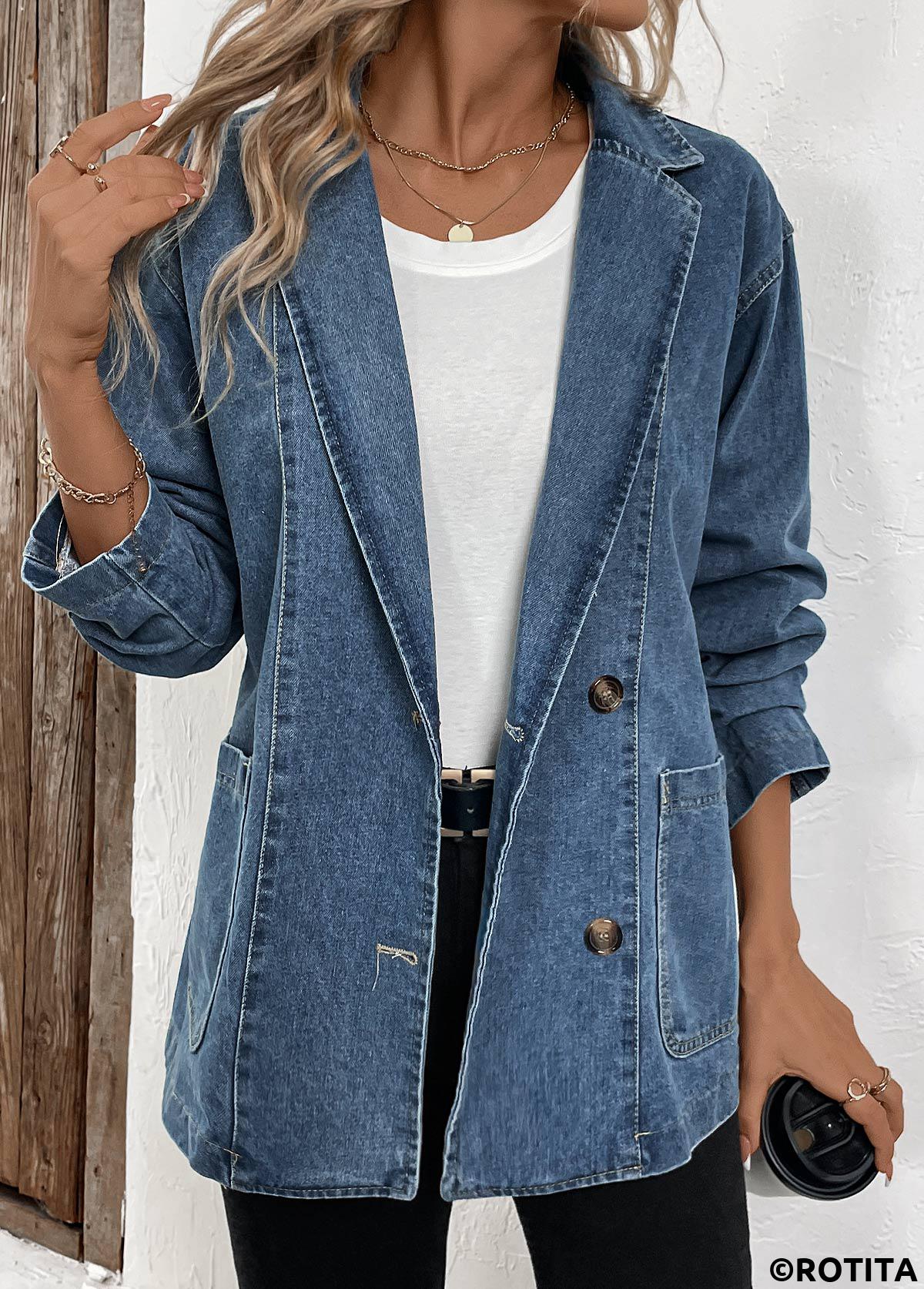 Denim Blue tops,Denim-Effect Print tops,Patchwork Denim Blue Lapel Long Sleeve Coat