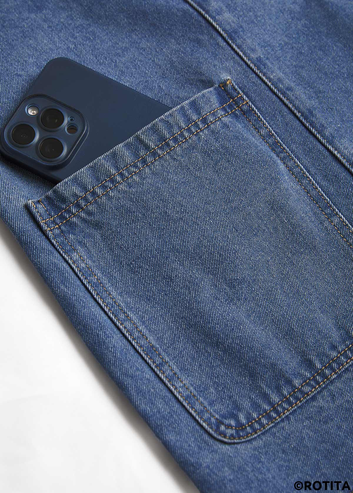 Denim Blue tops,Denim-Effect Print tops,Patchwork Denim Blue Lapel Long Sleeve Coat