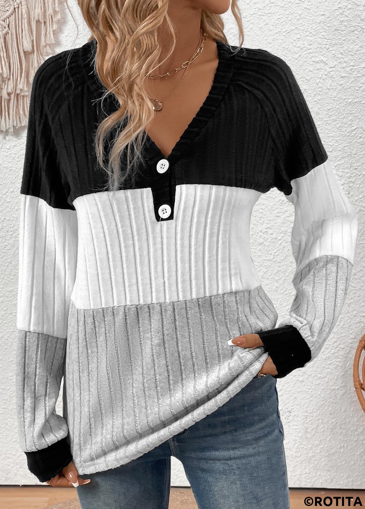Rotita Patchwork-Langarm-T-Shirt in Schwarz mit V-Ausschnitt