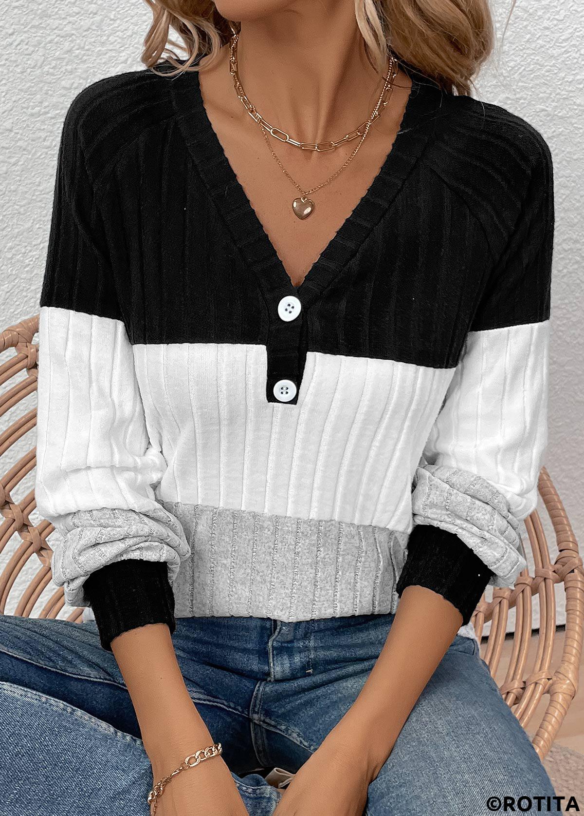 Rotita Patchwork-Langarm-T-Shirt in Schwarz mit V-Ausschnitt