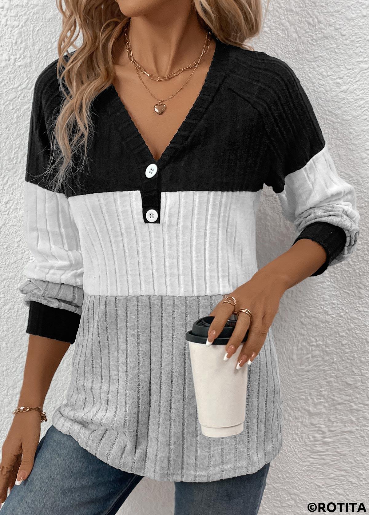Rotita Patchwork-Langarm-T-Shirt in Schwarz mit V-Ausschnitt