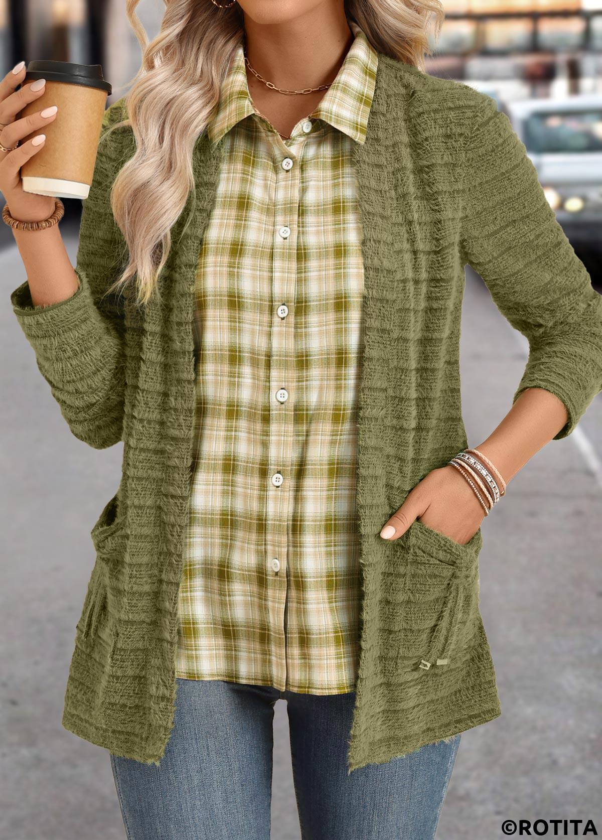 ROTITA Plaid Avocado Green Shirt Collar Fake Two Piece Twinset