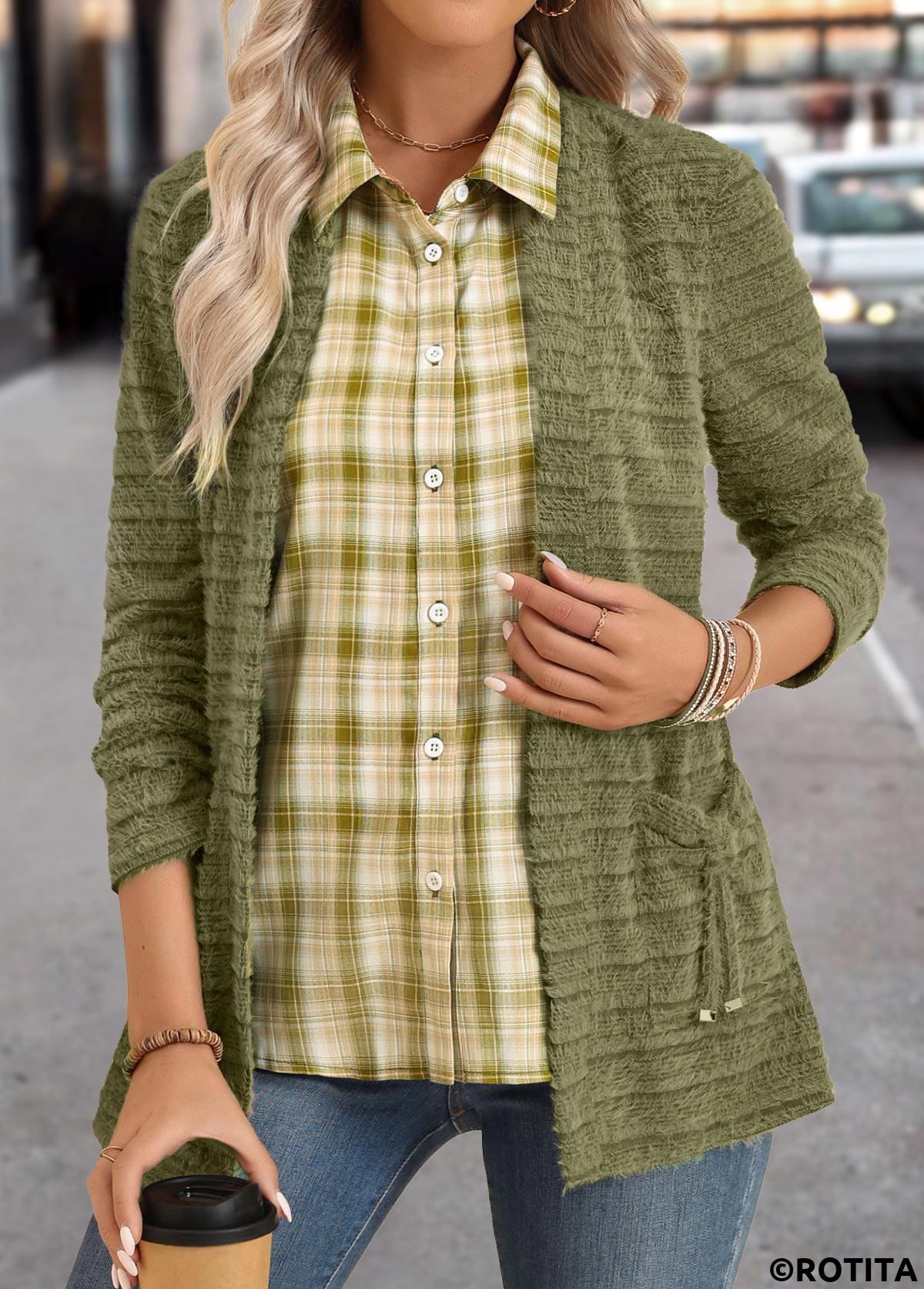 ROTITA Plaid Avocado Green Shirt Collar Fake Two Piece Twinset