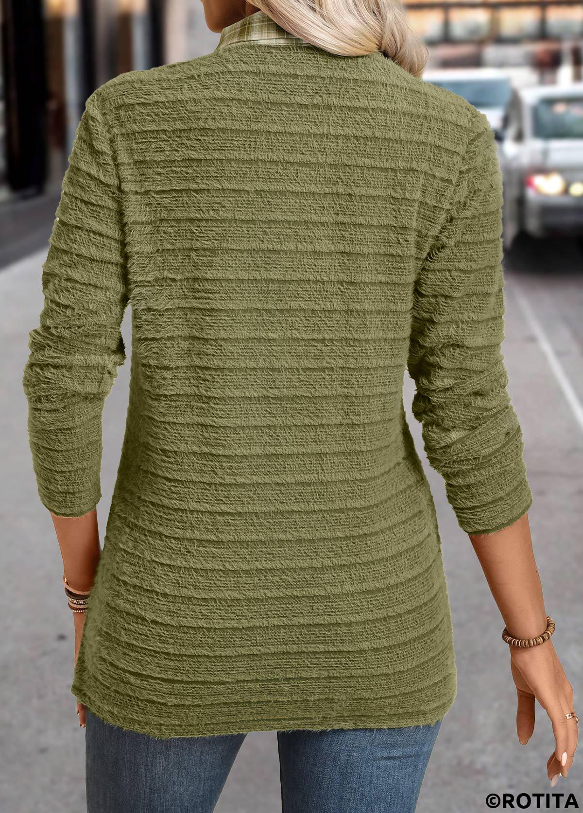 ROTITA Plaid Avocado Green Shirt Collar Fake Two Piece Twinset