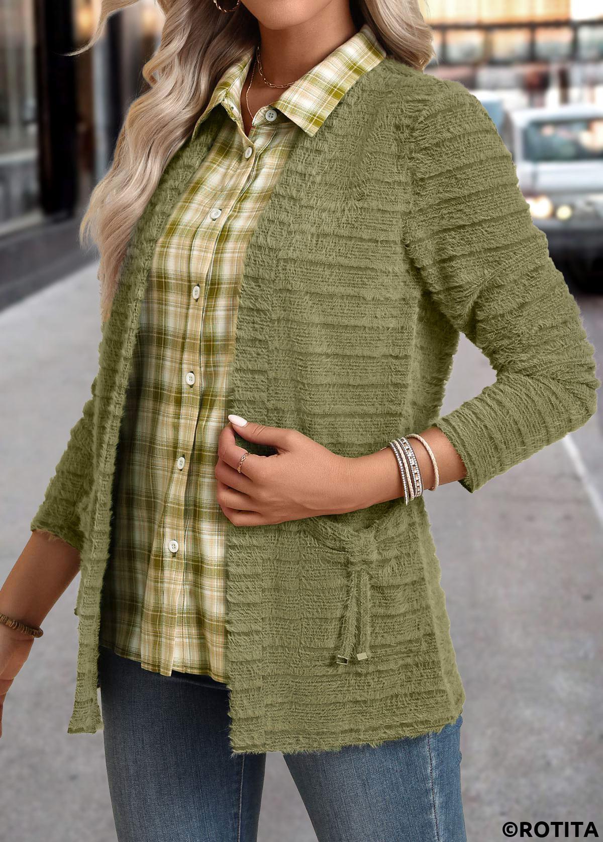 ROTITA Plaid Avocado Green Shirt Collar Fake Two Piece Twinset