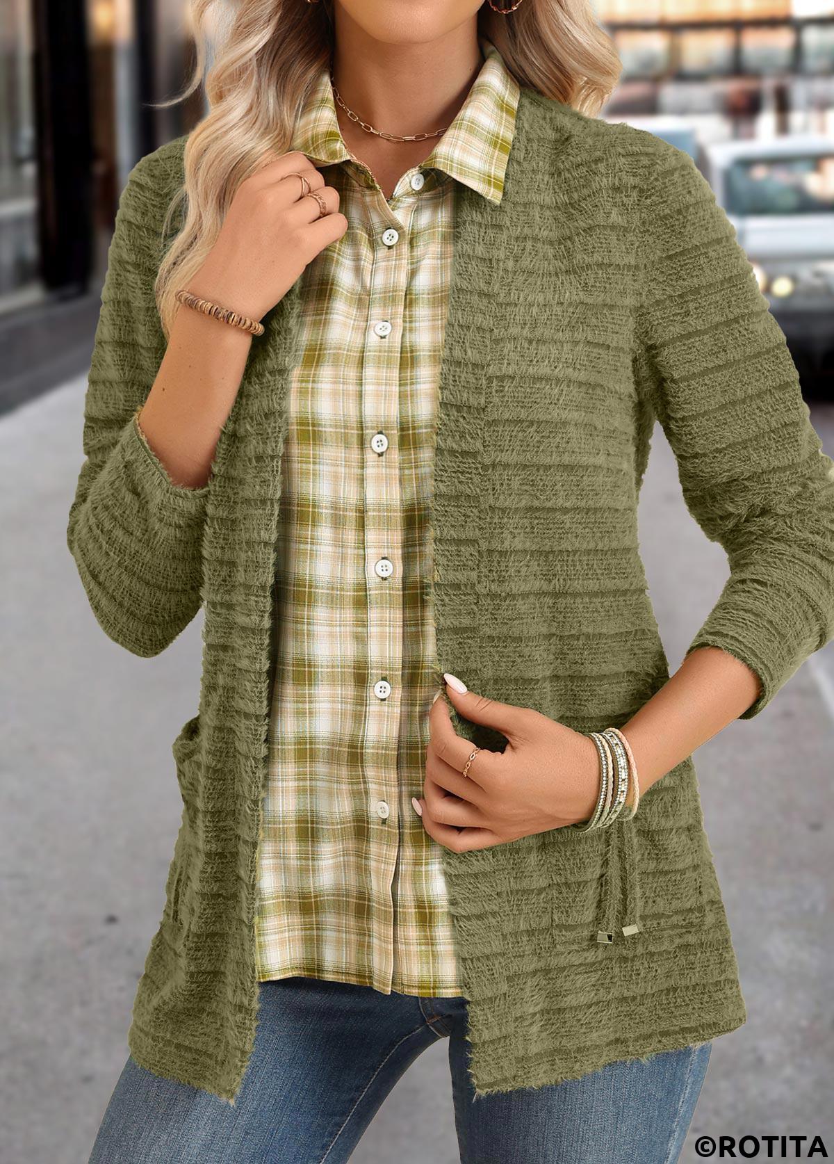 ROTITA Plaid Avocado Green Shirt Collar Fake Two Piece Twinset
