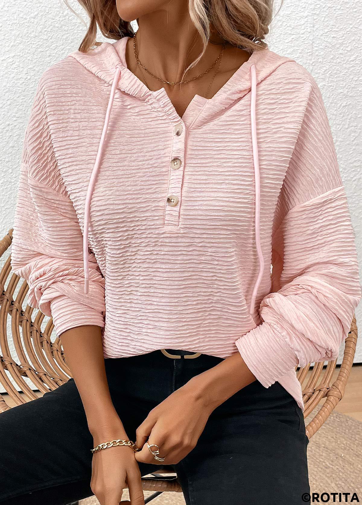 ROTITA Drawstring Light Pink Long Sleeve Hoodie