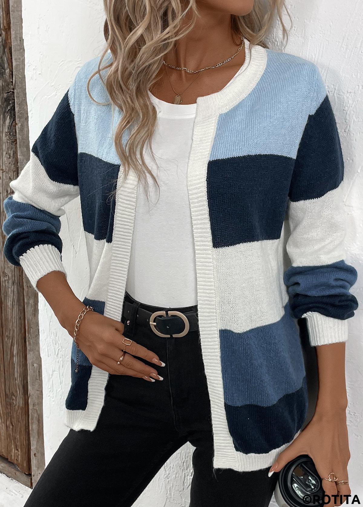 Blue tops,Contrast Color tops,Patchwork Design Blue Long Sleeve Cardigan