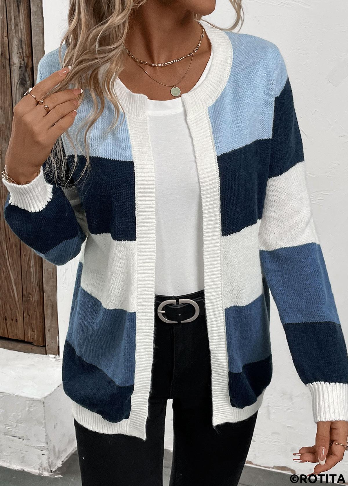 Blue tops,Contrast Color tops,Patchwork Design Blue Long Sleeve Cardigan