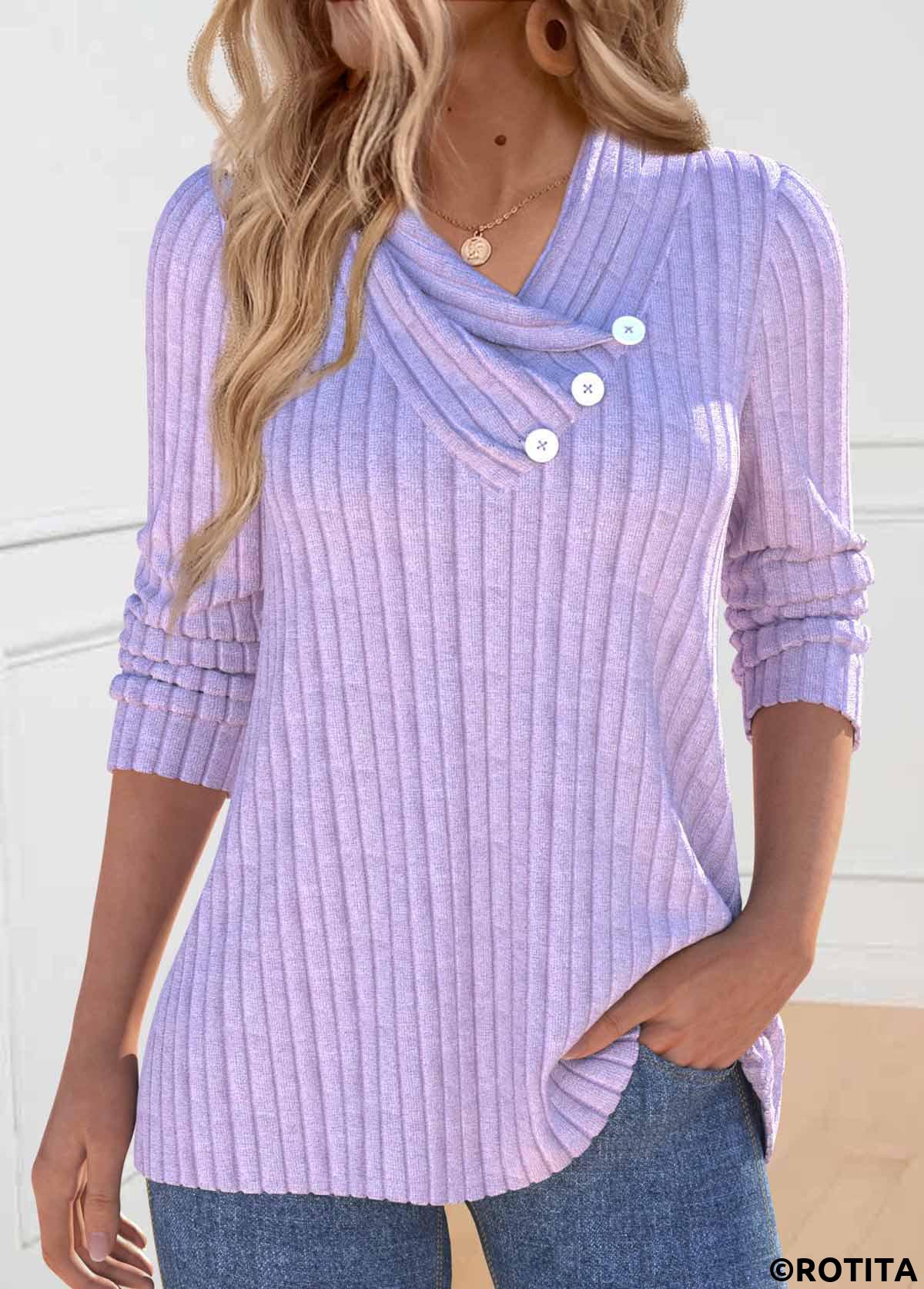 Light Purple tops,Plain Color tops,ROTITA Button Light Purple V Neck Long Sleeve Sweatshirt