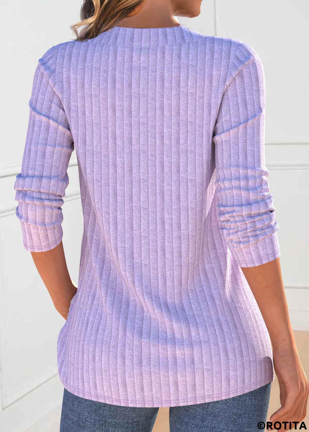 Light Purple tops,Plain Color tops,ROTITA Button Light Purple V Neck Long Sleeve Sweatshirt