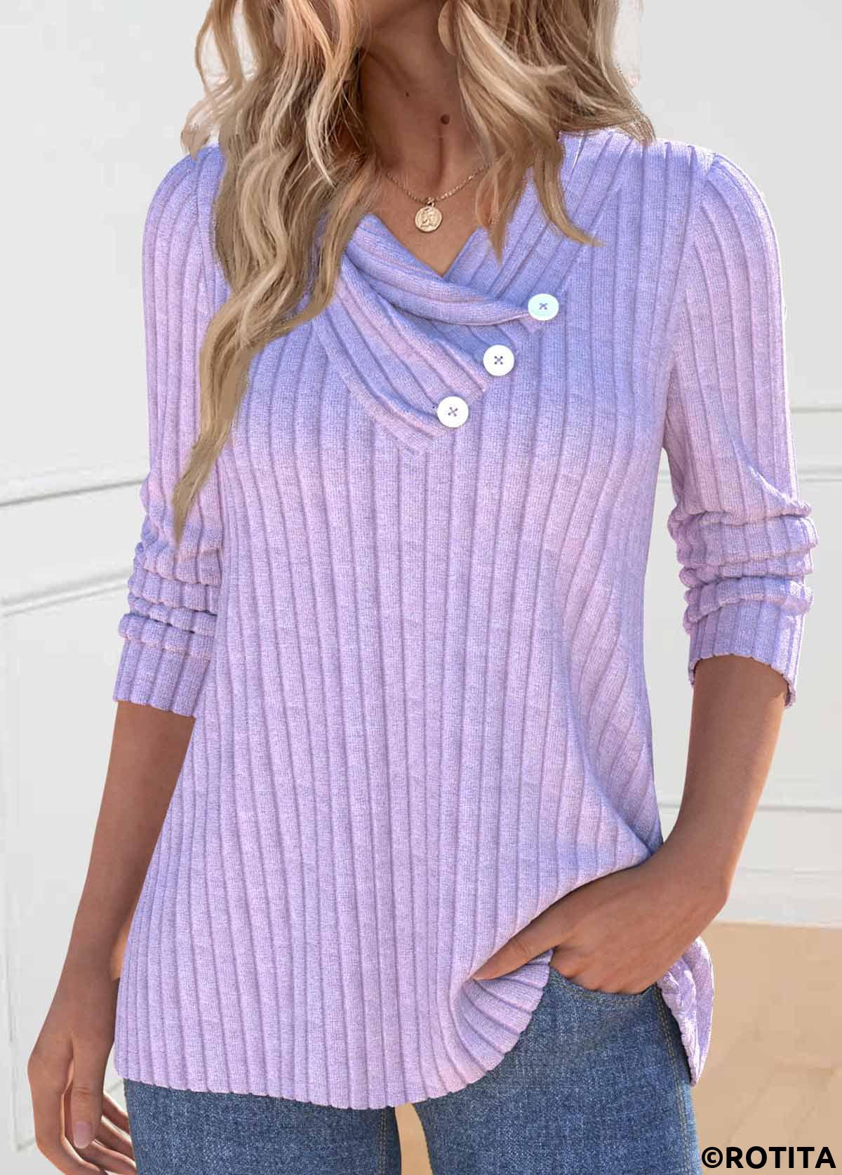 Light Purple tops,Plain Color tops,ROTITA Button Light Purple V Neck Long Sleeve Sweatshirt