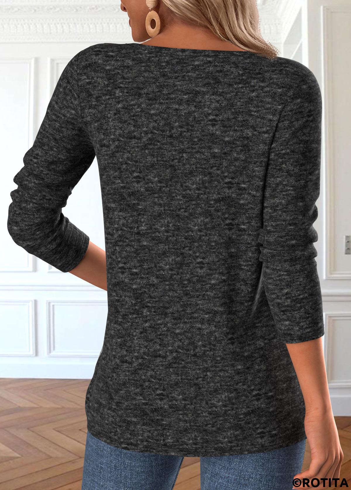 Grey tops,Plaid tops,ROTITA Patchwork Plaid Grey Split Neck Long Sleeve T Shirt