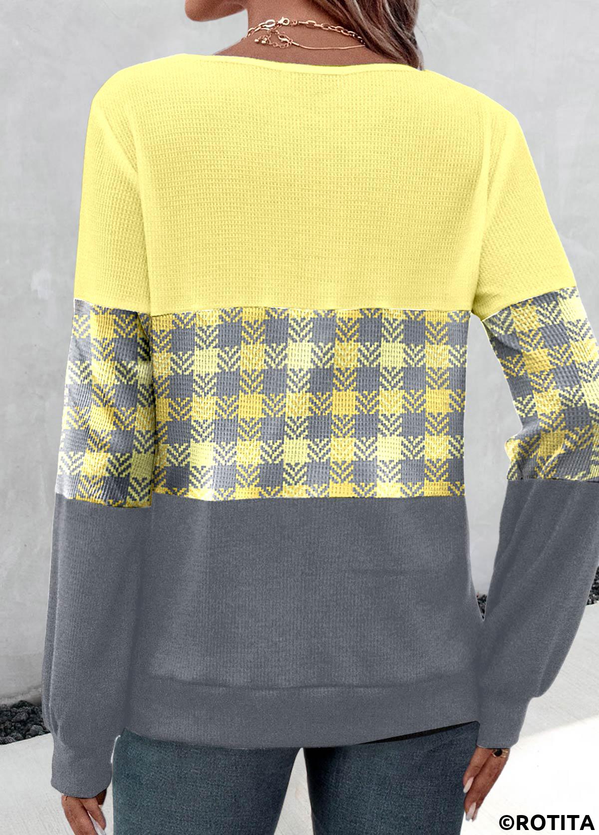 Yellow tops,Grey tops,Plaid tops,ROTITA Patchwork Plaid Yellow V Neck Long Sleeve T Shirt