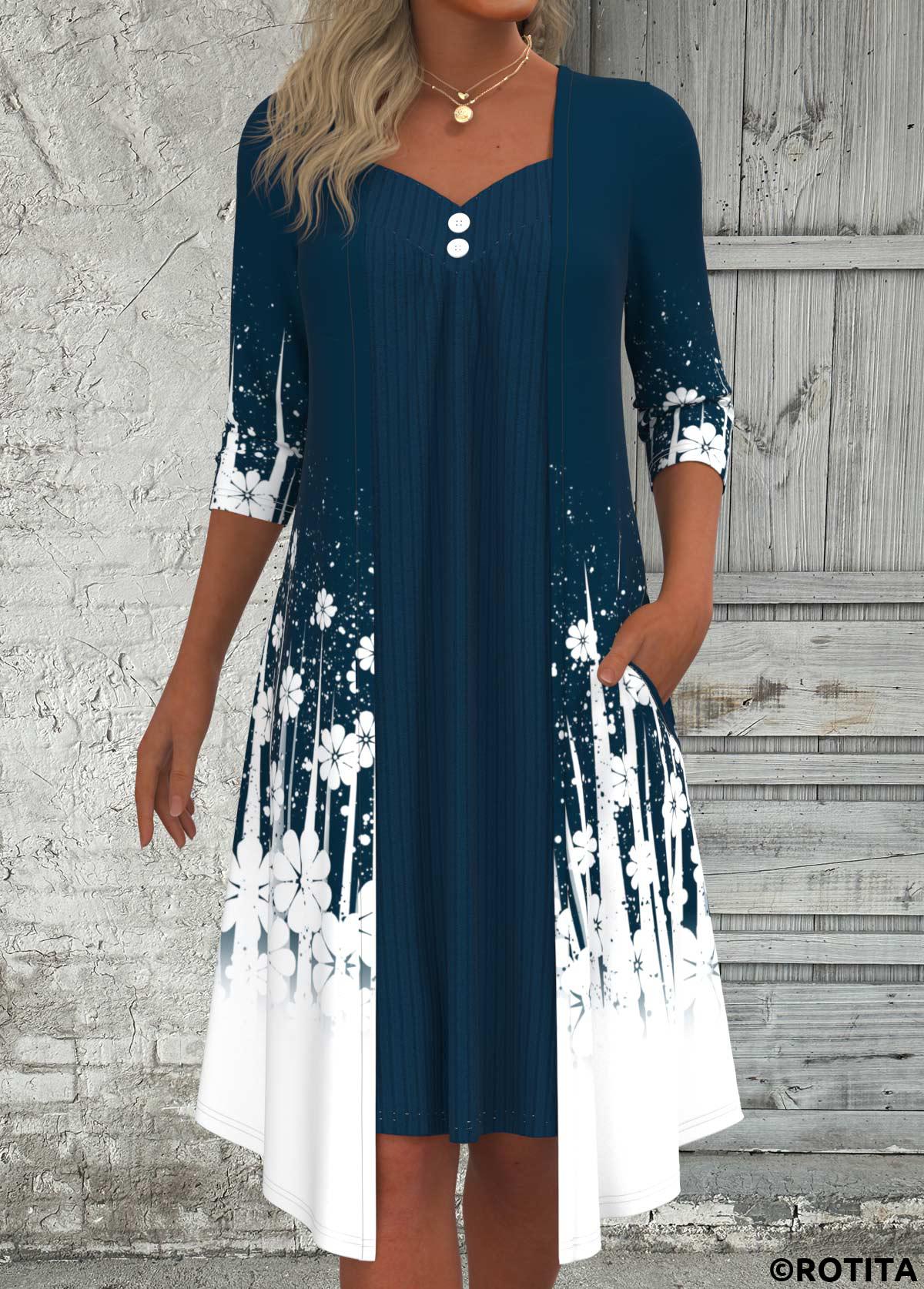 Peacock Blue dresses,White dresses,Floral dresses,Plants dresses,Dot dresses,Ombre dresses,Everyday dresses,Casual dresses,ROTITA Fake 2in1 Floral Print Peacock Blue A Line Dress