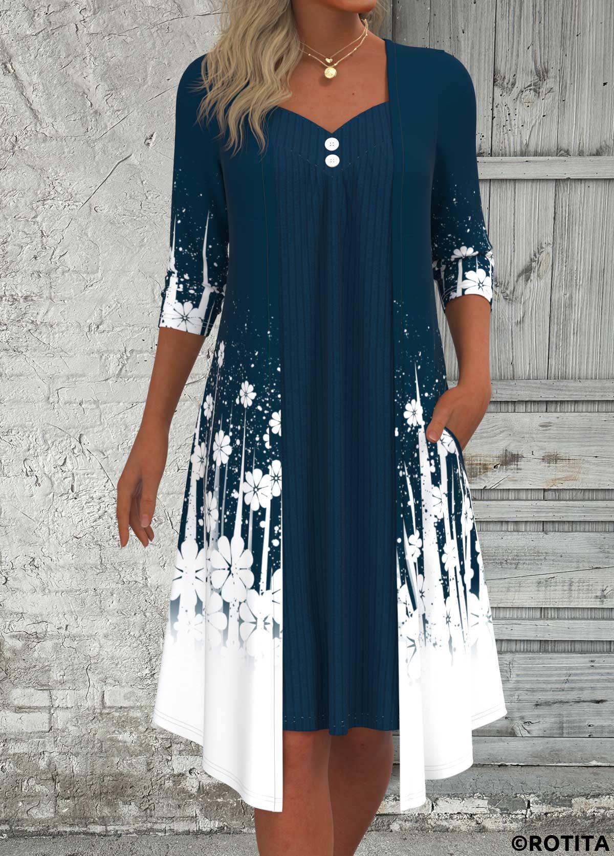 Peacock Blue dresses,White dresses,Floral dresses,Plants dresses,Dot dresses,Ombre dresses,Everyday dresses,Casual dresses,ROTITA Fake 2in1 Floral Print Peacock Blue A Line Dress