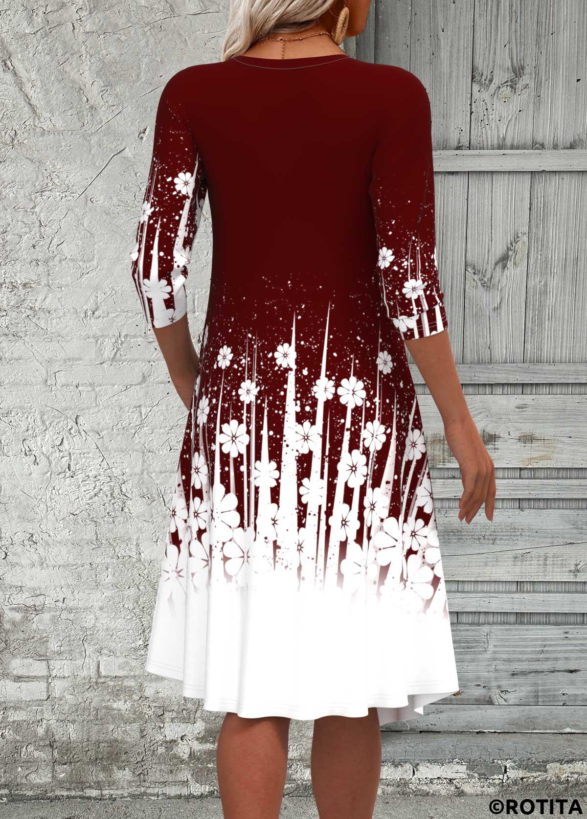 Wine Red dresses,White dresses,Floral dresses,Plants dresses,Dot dresses,Ombre dresses,Everyday dresses,Casual dresses,ROTITA Fake 2in1 Floral Print Wine Red A Line Dress